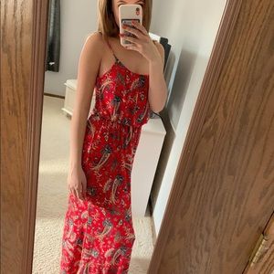 Red, floral maxi dress.